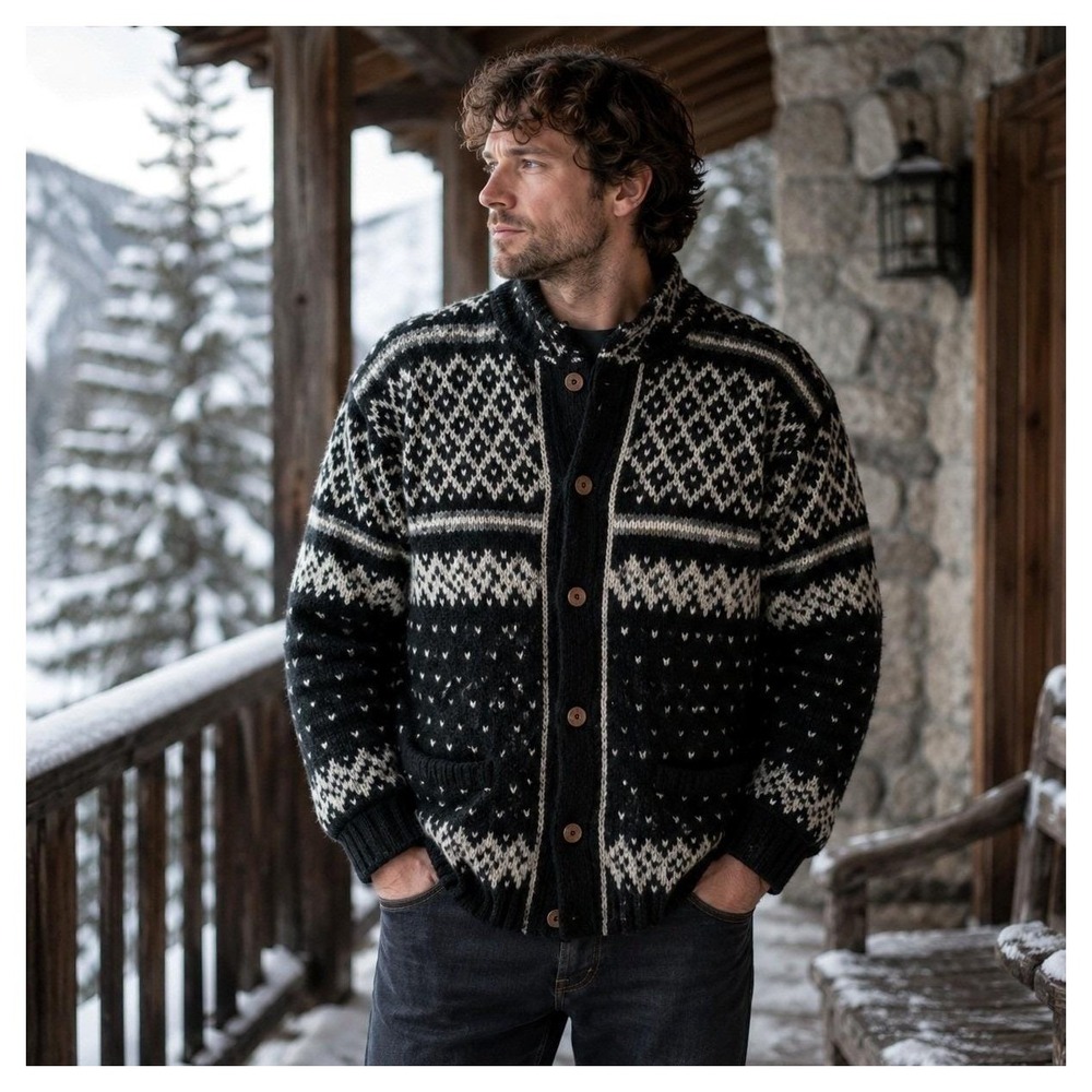 Made in Nepal 100% Wool Nordic Fair Isle Cardigan Sweater Black Gray White